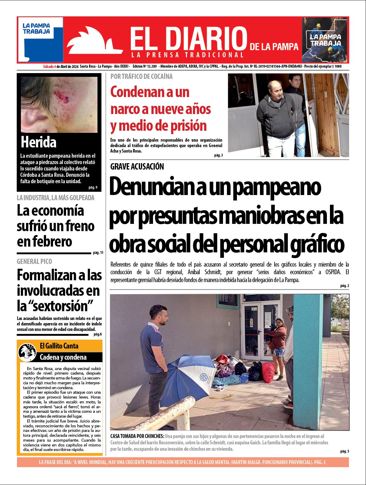 Tapa de El Diario en papel  saacutebado 04 de abril de 2026